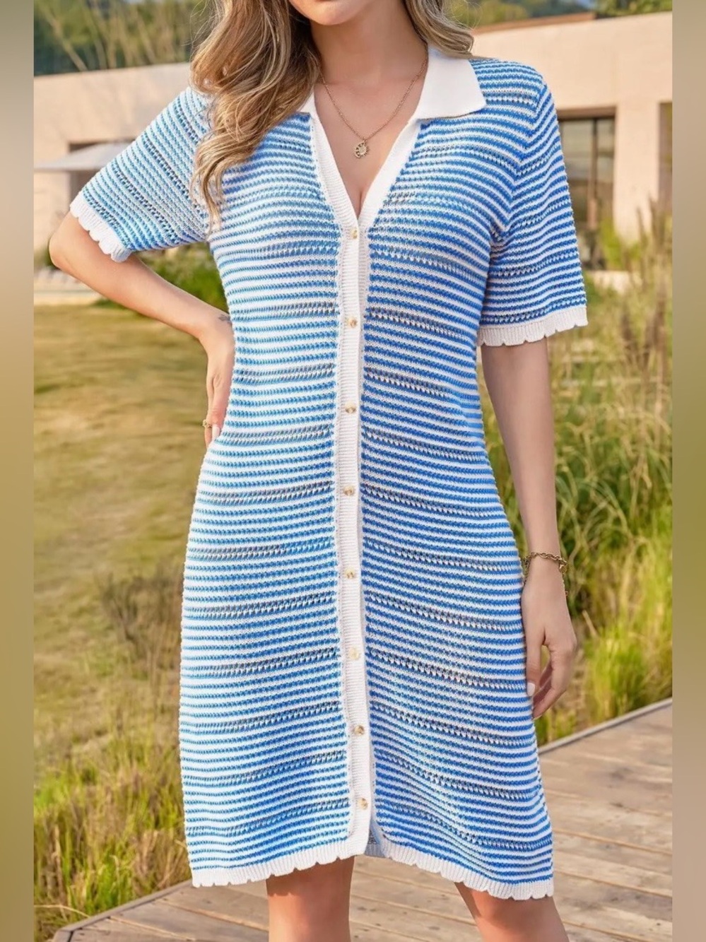 NWT Imily Bela Blue & White Striped Knit Button-Front Swim Cover-Up Dress